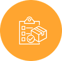 Orange circular icon showing clipboard checklist with package and checkmark for order tracking