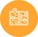 Orange circular icon with white map and location pins illustration