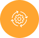 Orange circular icon with white gear and rotating arrows representing process automation