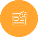 Orange circular icon with white outline of webpage interface and gear settings symbol