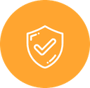 Orange circular icon with white shield and checkmark representing security protection