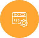 Orange circular icon showing browser window with code brackets and settings gear
