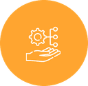 Orange circular icon showing hand holding gear and workflow symbols