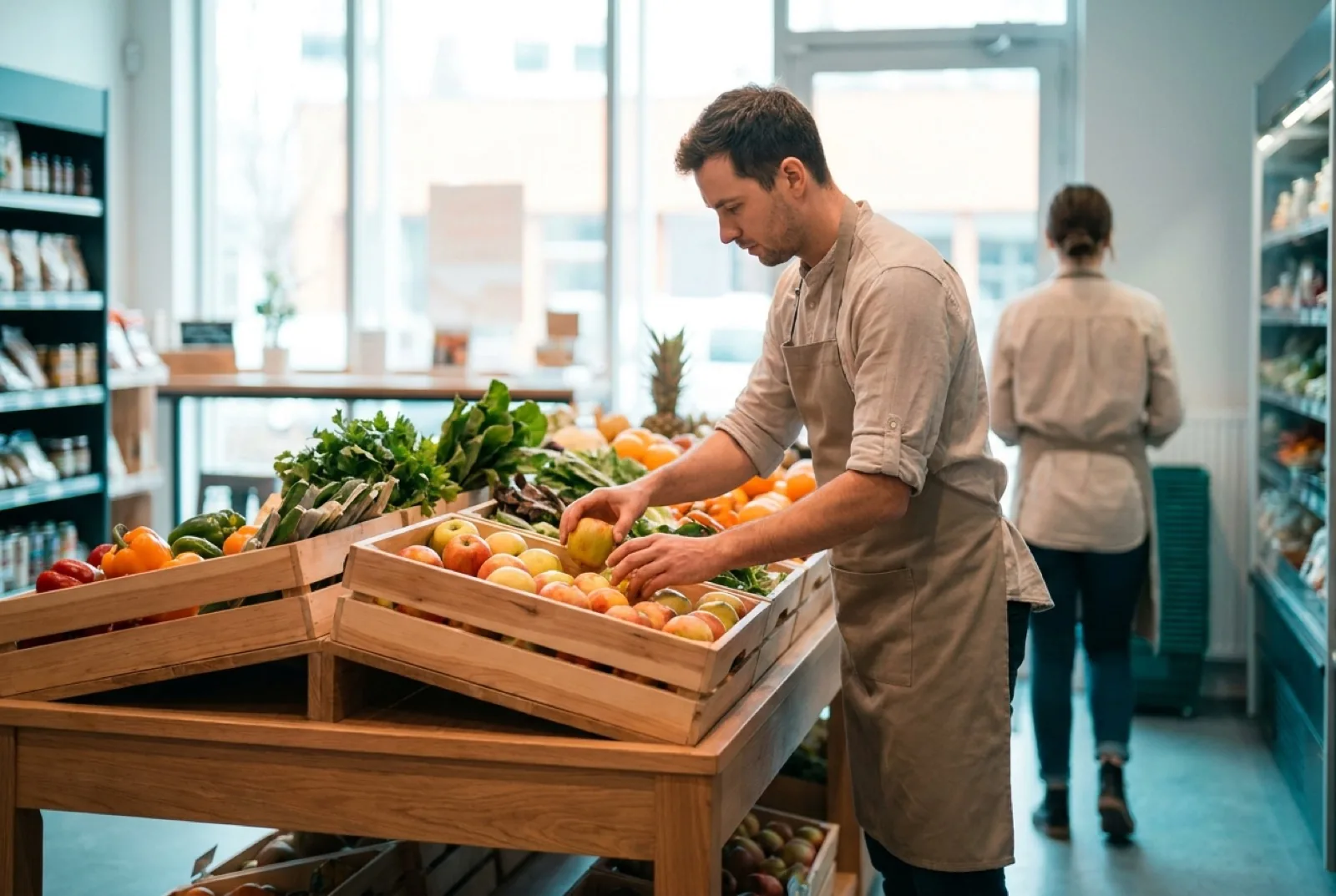 Local grocery store vendor arranging food on display