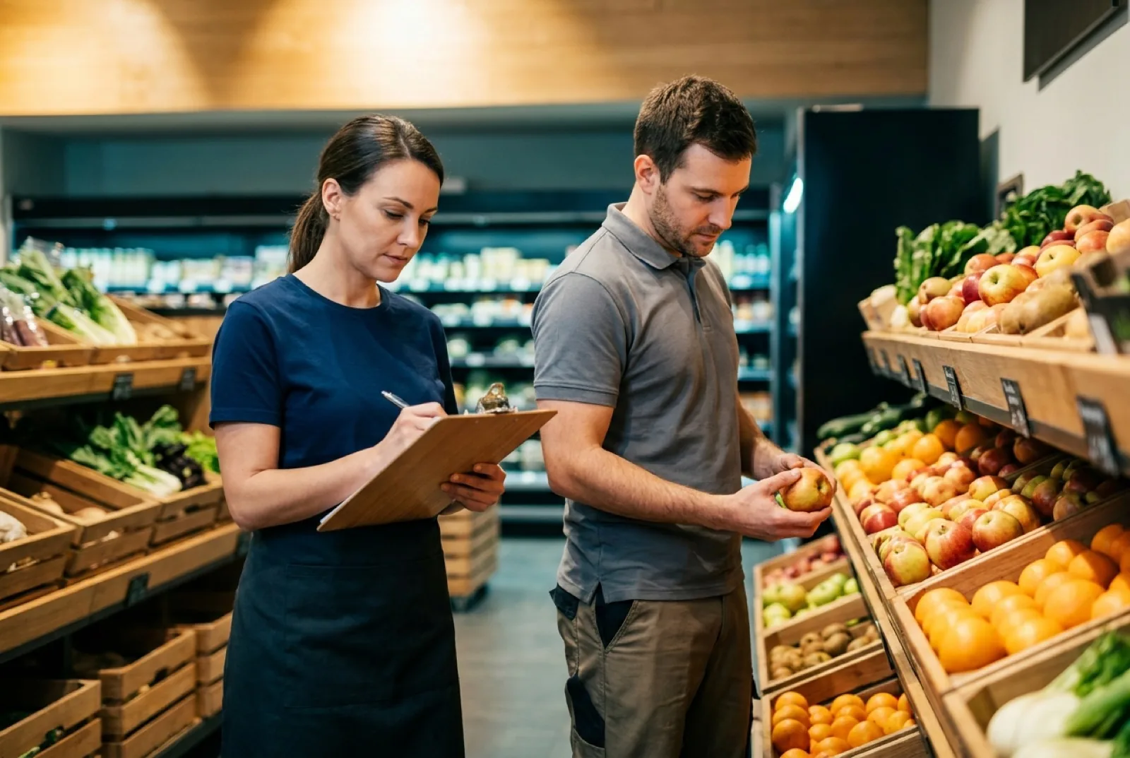 Mature sales advisor taking notes while a colleague holds fruit
