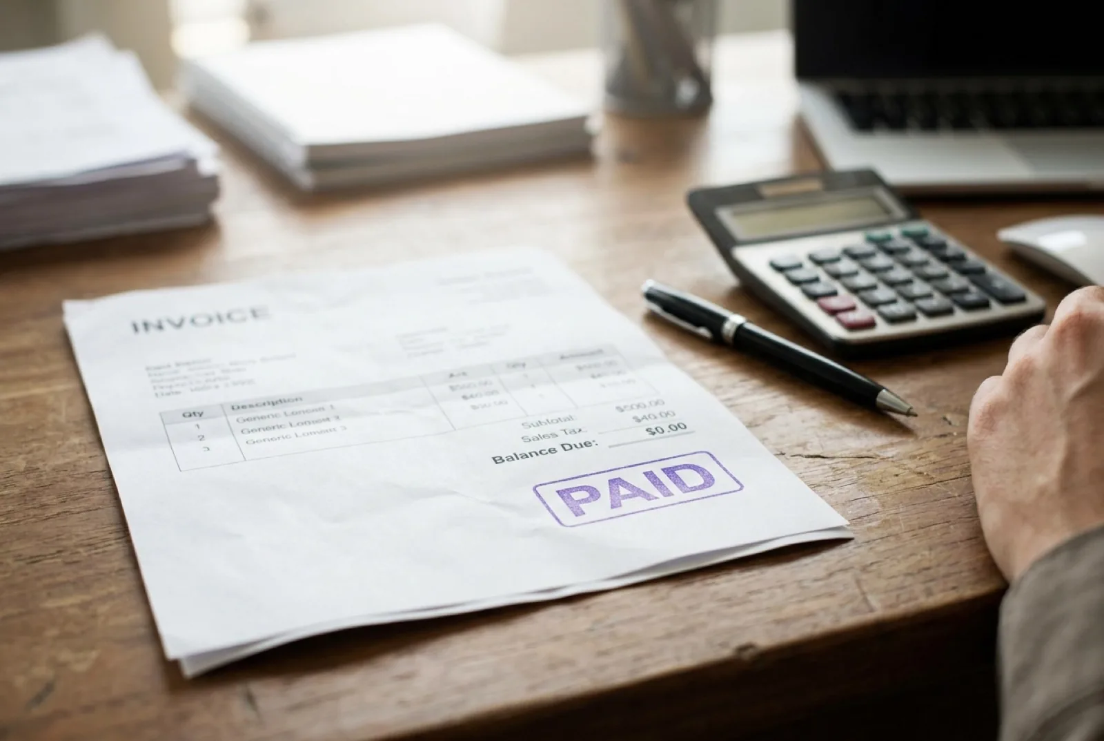 Paid invoice with a rubber stamp on paper