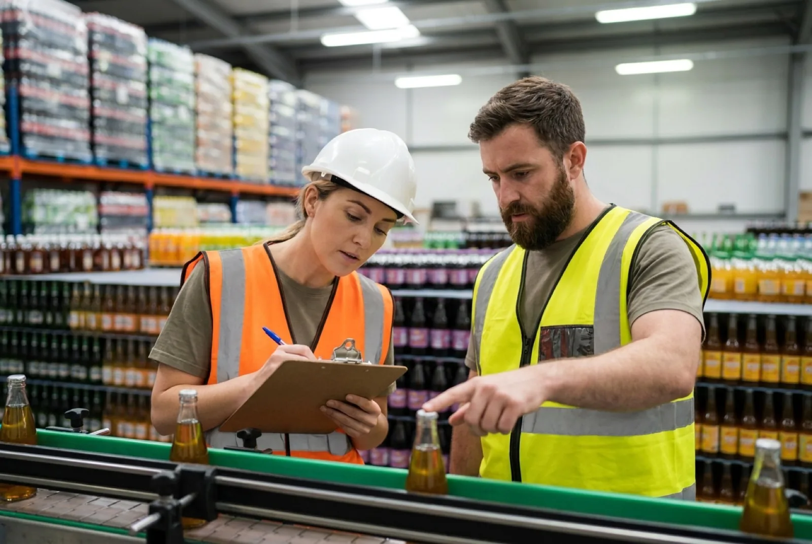 two factory workers inspection juice bottles for quality control
