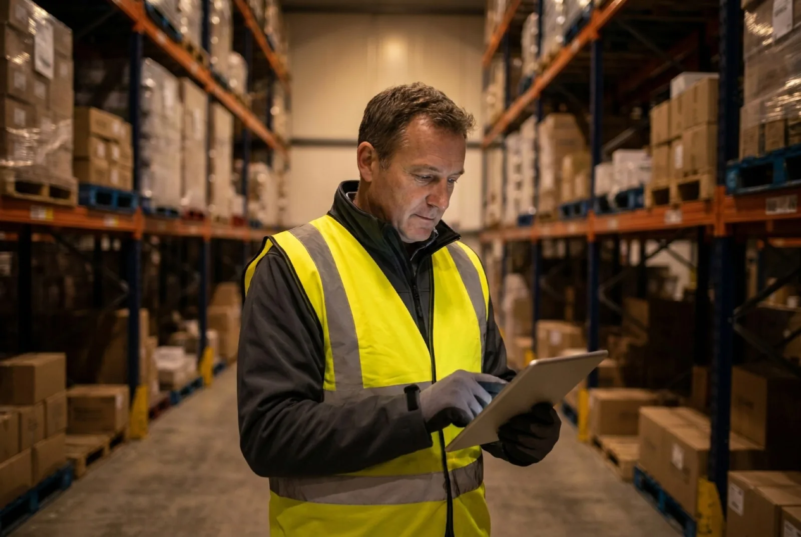 Warehouse worker looking at a tablet