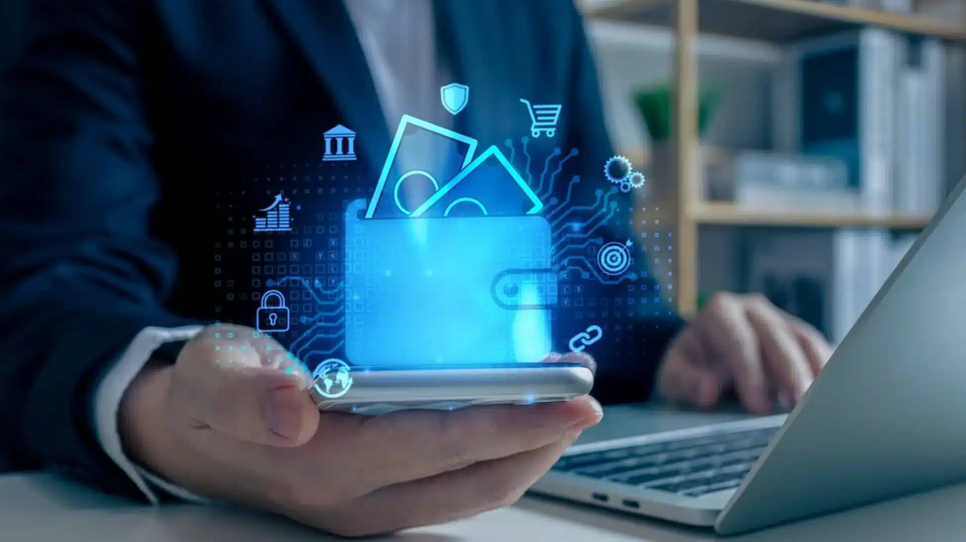 Business professional using smartphone for digital payment transactions with holographic wallet interface