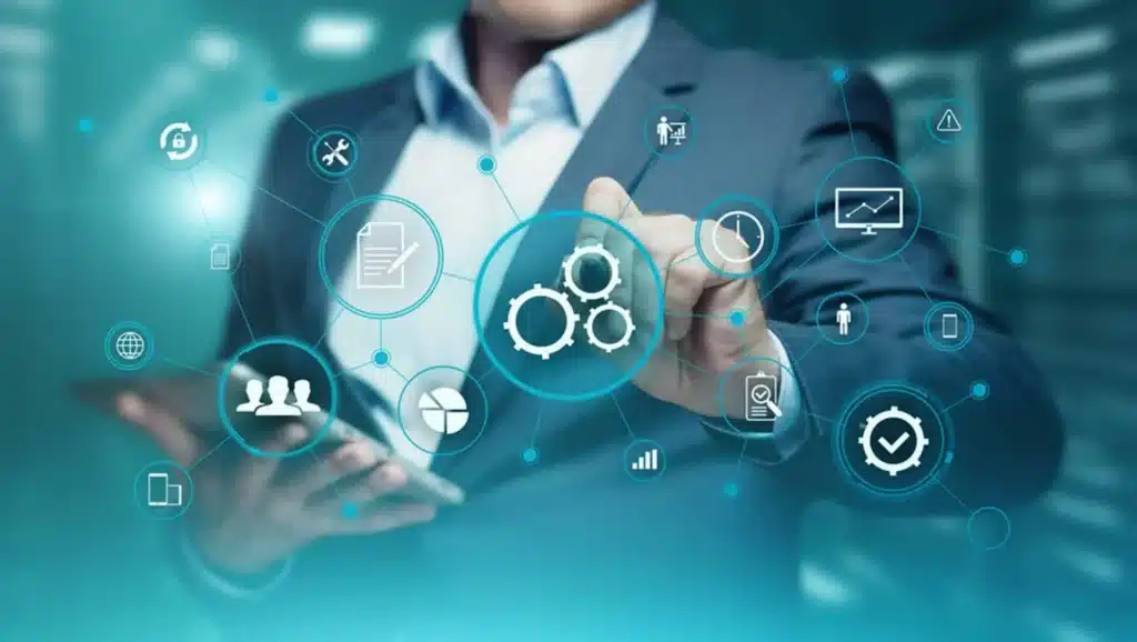 Businessman touching digital procurement icons and automation technology interface