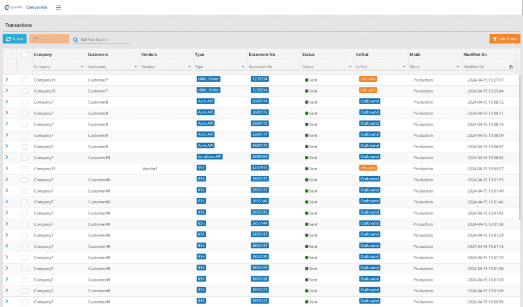 Comparatio EDI Portal transaction list interface