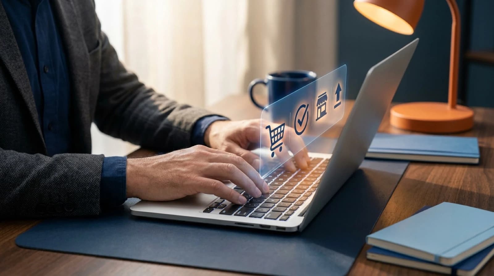 person using laptop and tablet with retail EDI shopping cart graphics