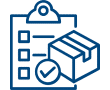 Blue line icon showing clipboard checklist and 3D box with checkmark for inventory management