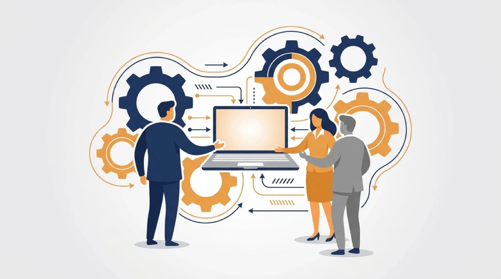 illustration showing male and females with gears representing epicor prophet 21 edi integration
