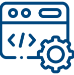 Blue coding icon with browser window, code brackets, and gear symbol