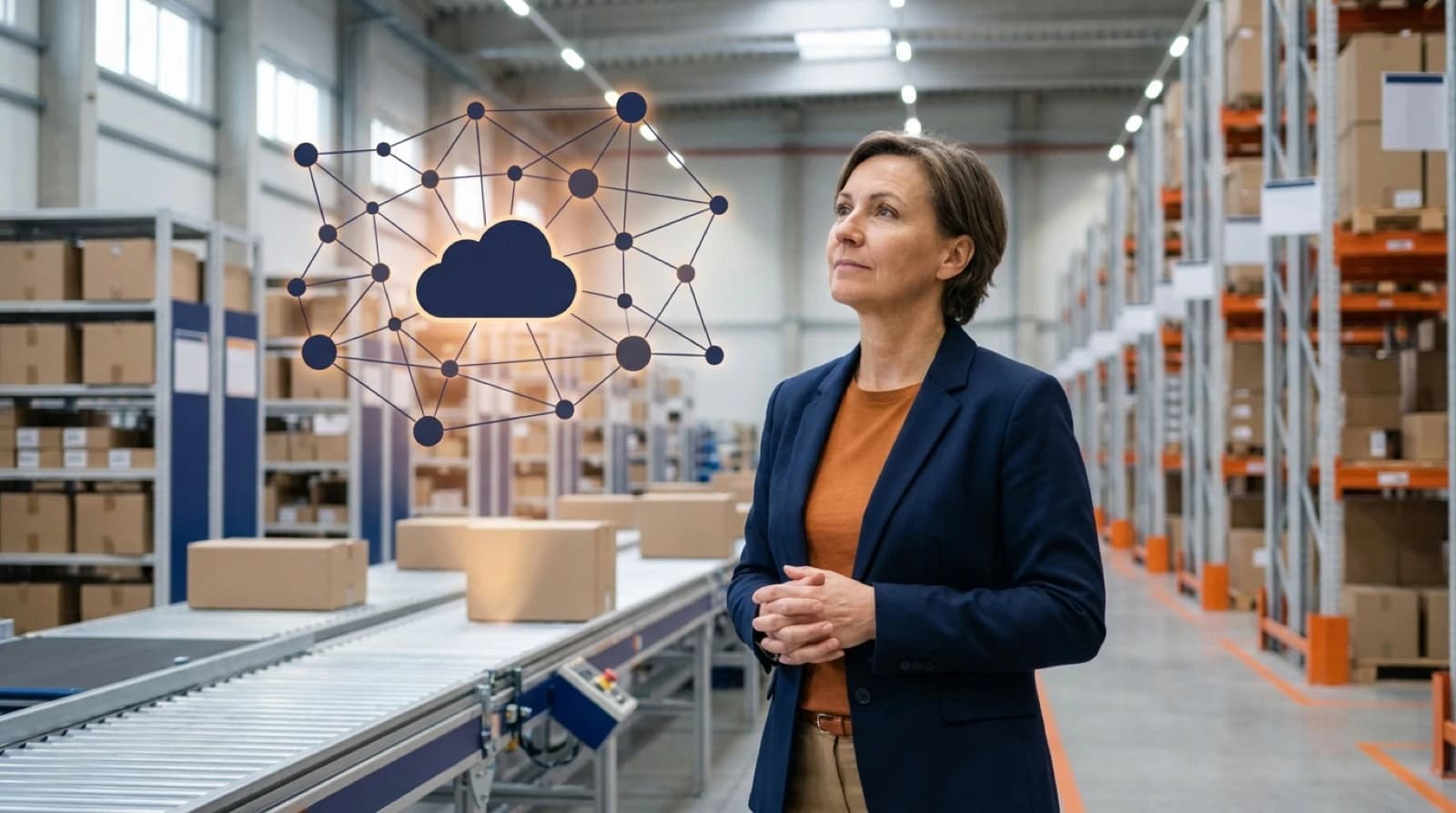 business man looking up with clouds and icons overlayed on a warehouse with shelving and a forklift