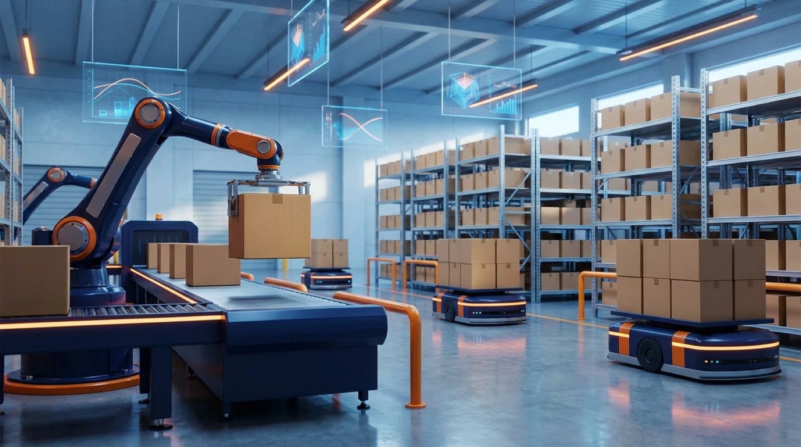 people in a warehouse at desks with futuristic computer screens