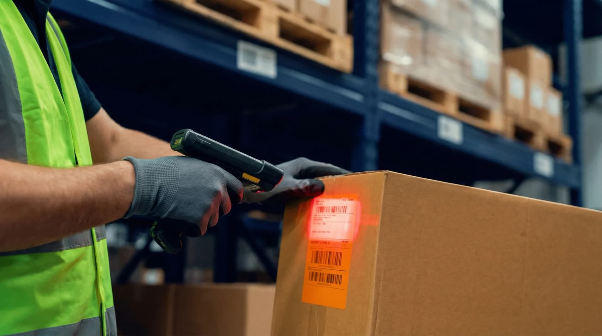 Warehouse worker scanning barcode on package
