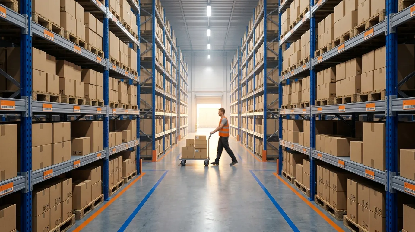 Warehouse aisle with stocked shelves illustrating what is EDI 852