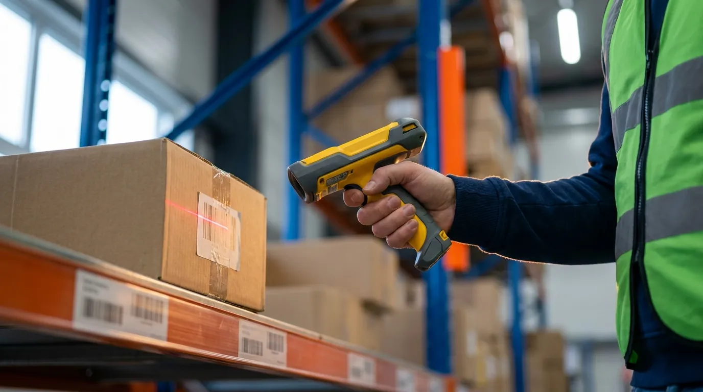 Warehouse worker scanning barcode on cardboard box