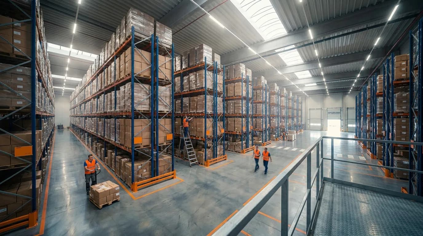 Wide elevated shot of distribution center operations