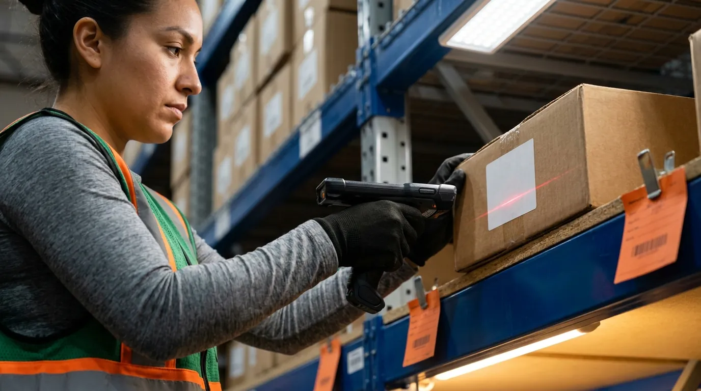 Warehouse worker scanning barcode on shipping carton