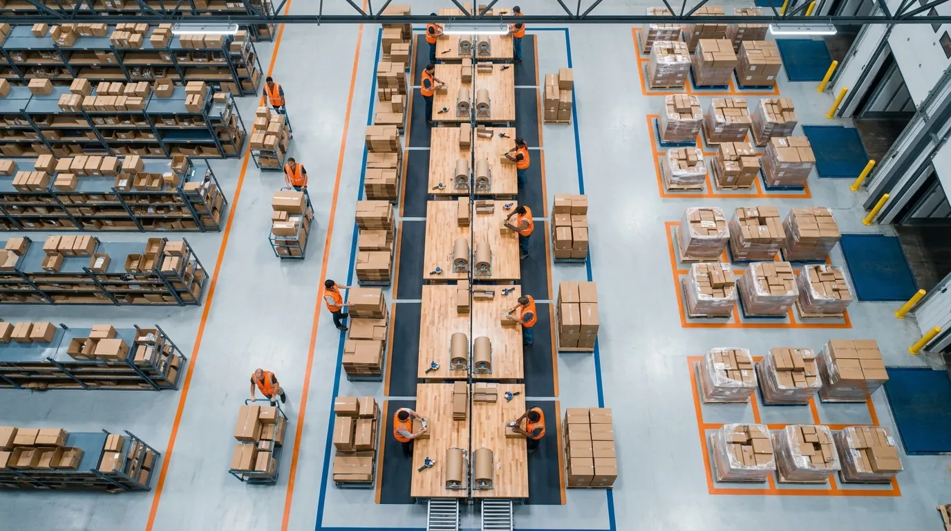 Aerial view of pick, pack and ship warehouse zones