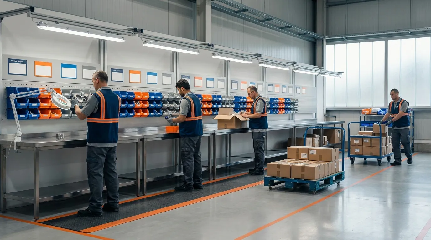 Workers inspecting and sorting returns into labeled bins