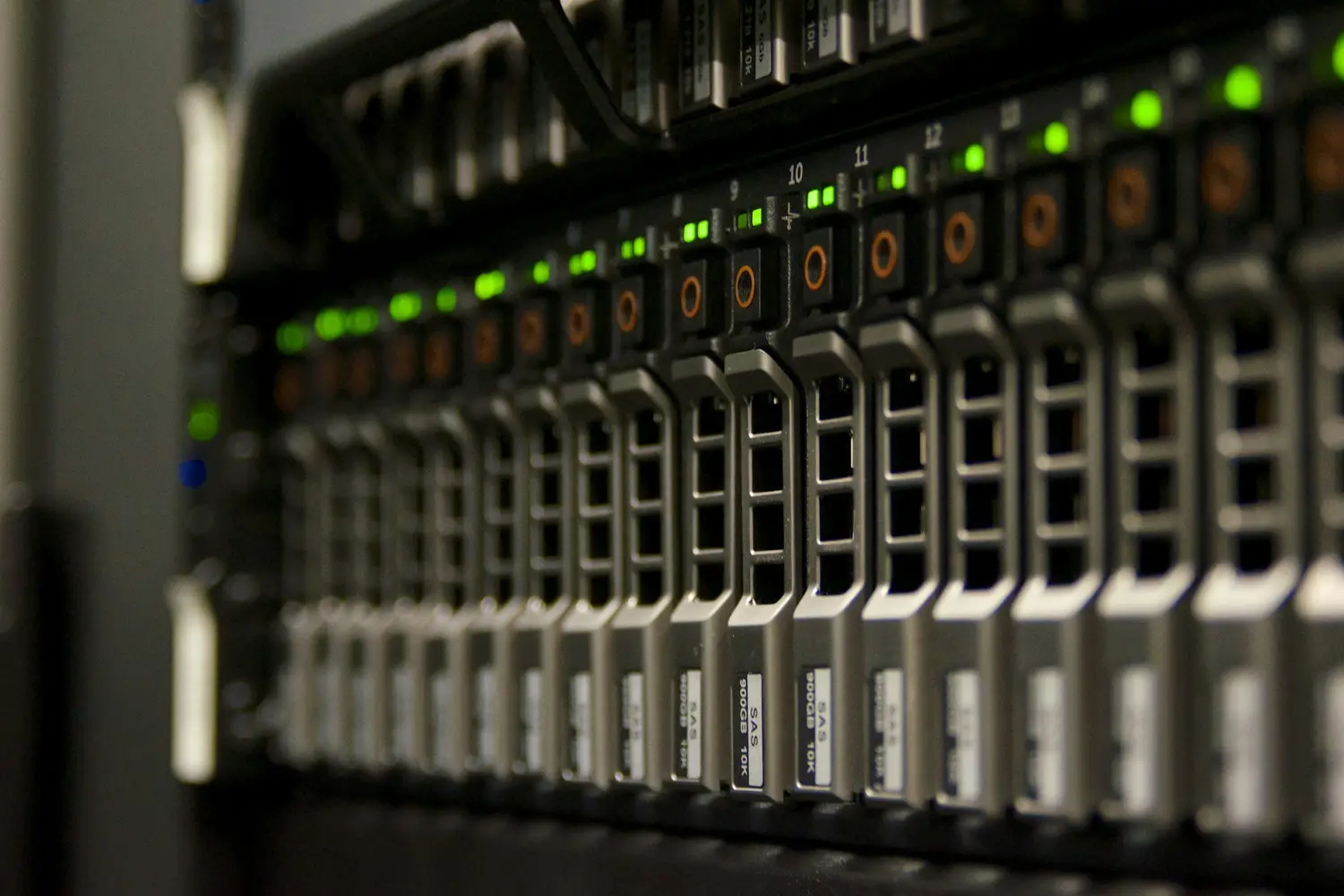 Server rack with green status lights