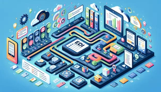 Isometric illustration showing EDI data exchange with connected devices, charts, and digital workflows