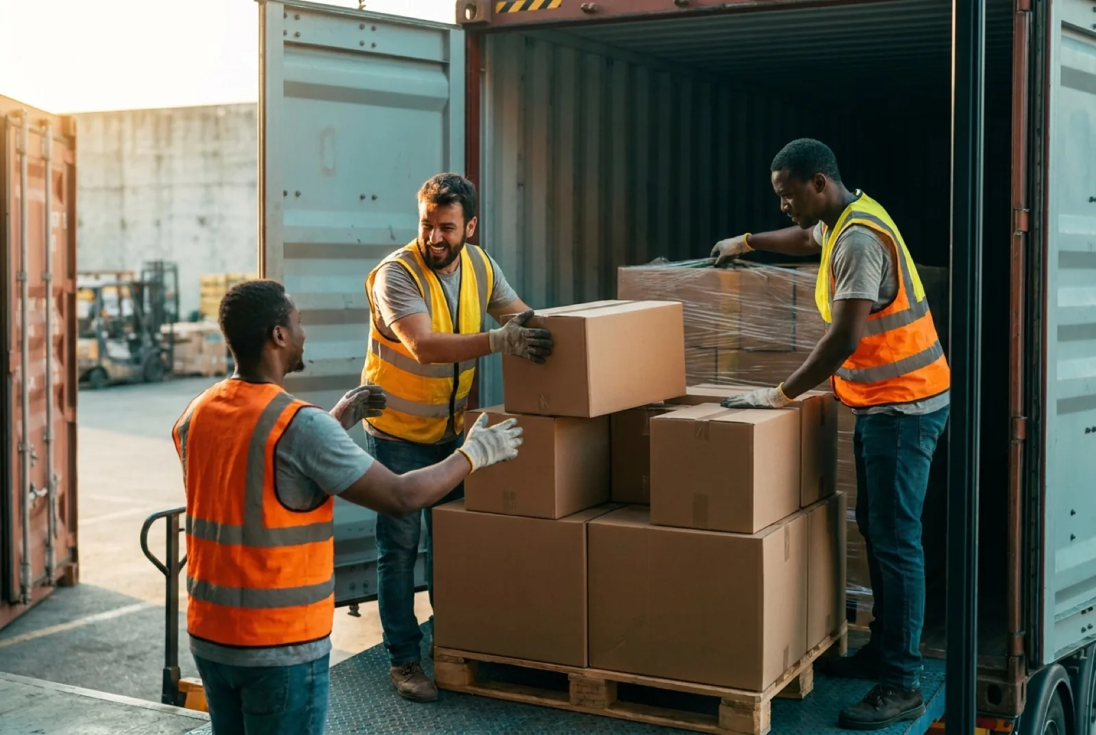 Four warehouse workers opening shipping container doors