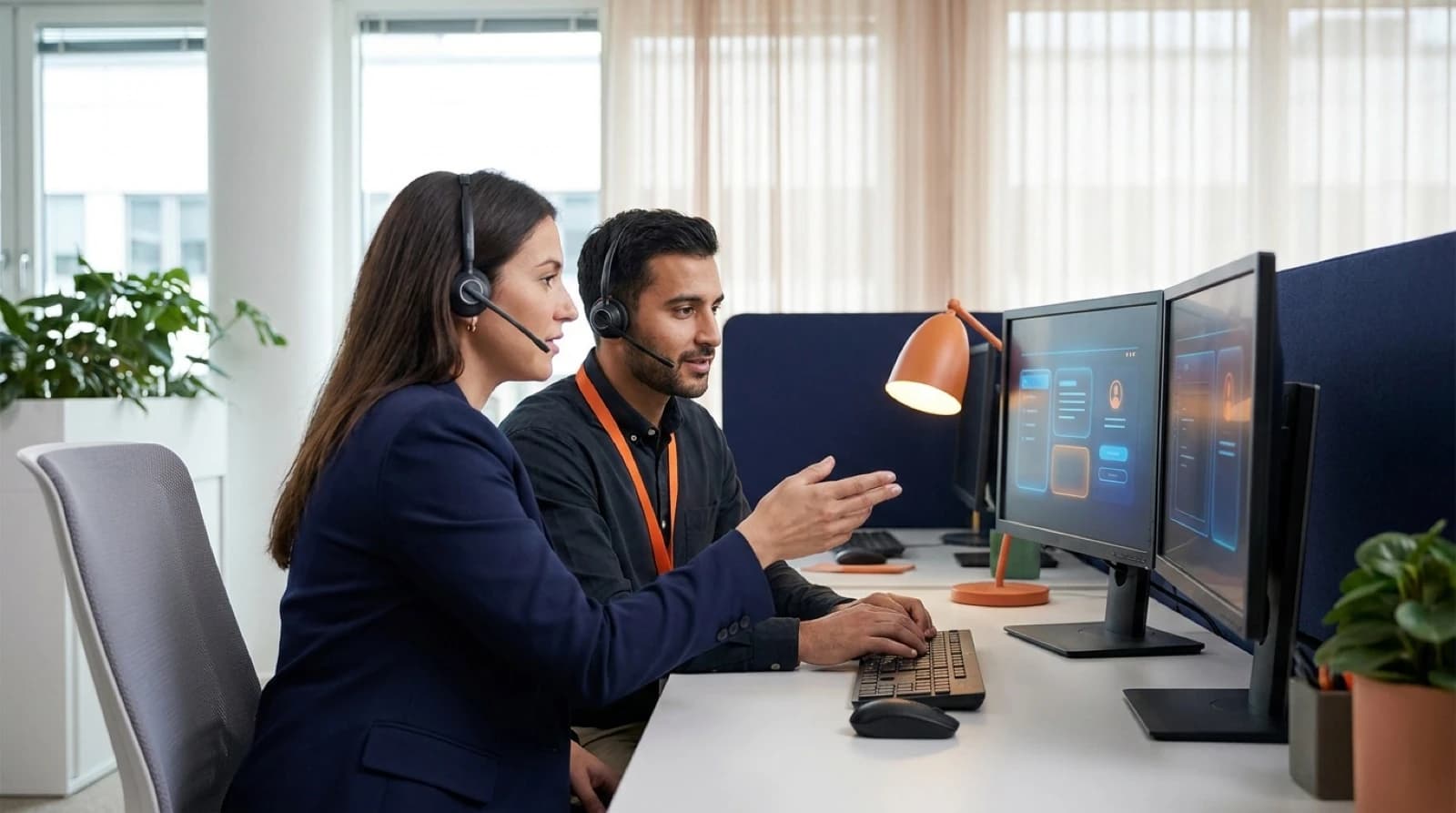 a person working at a computer asking a manager a question