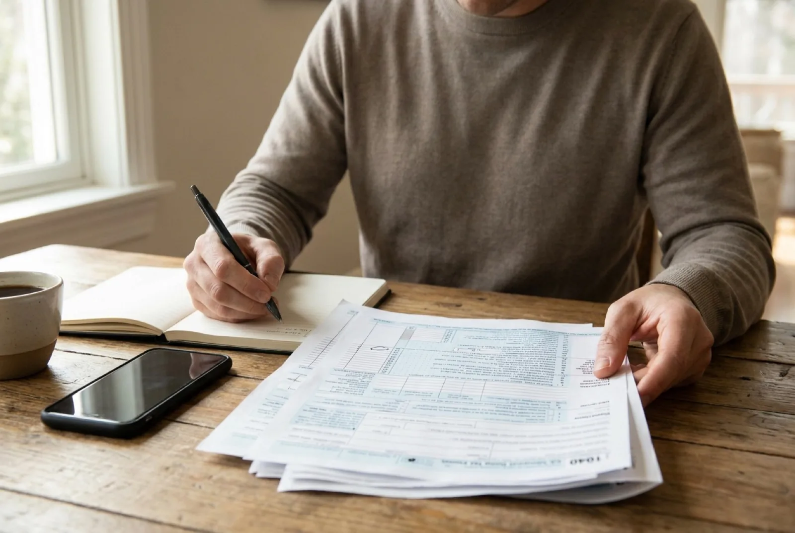 Black man doing taxes at home and filling out paperwork