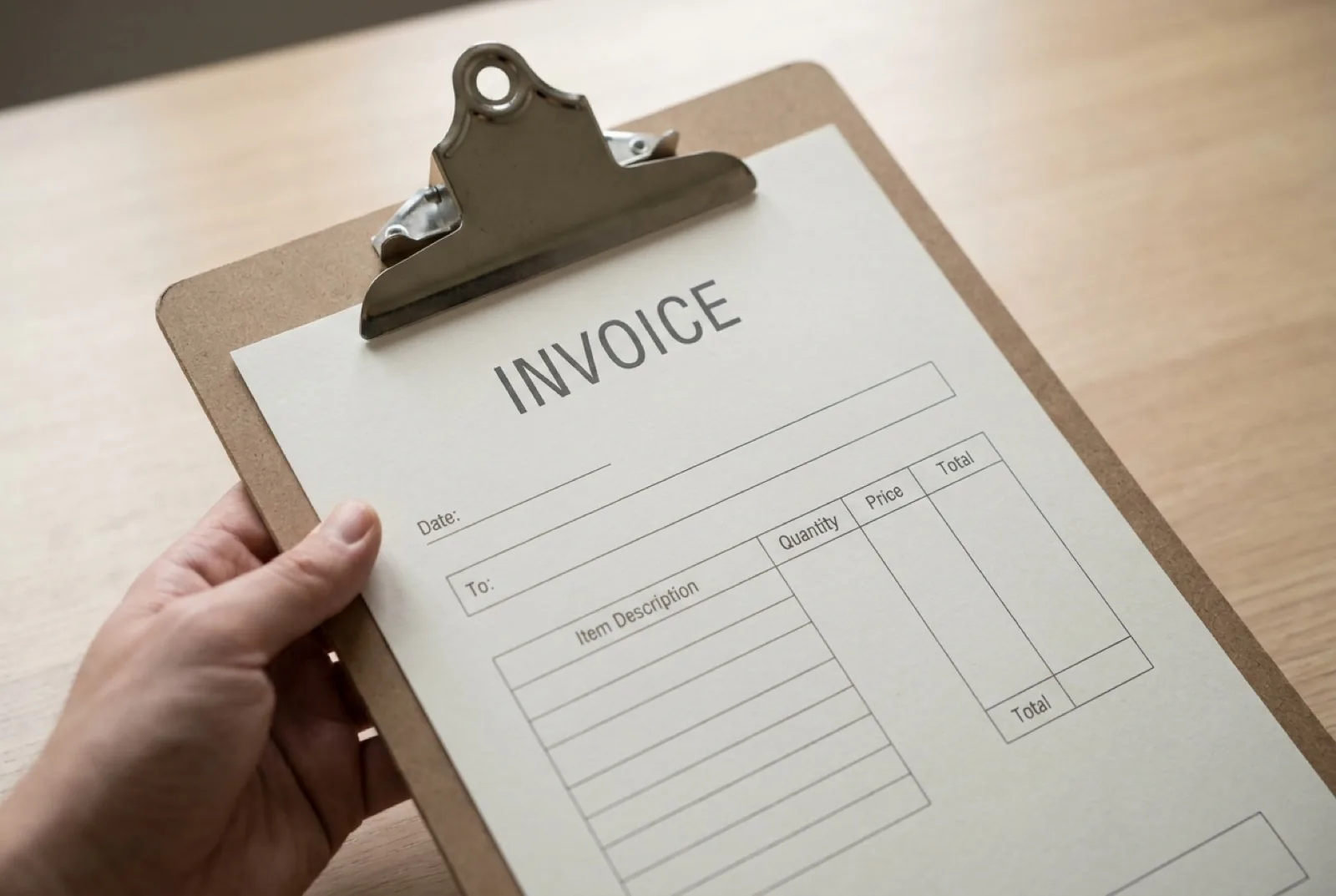 Close-up of an invoice document on a clipboard
