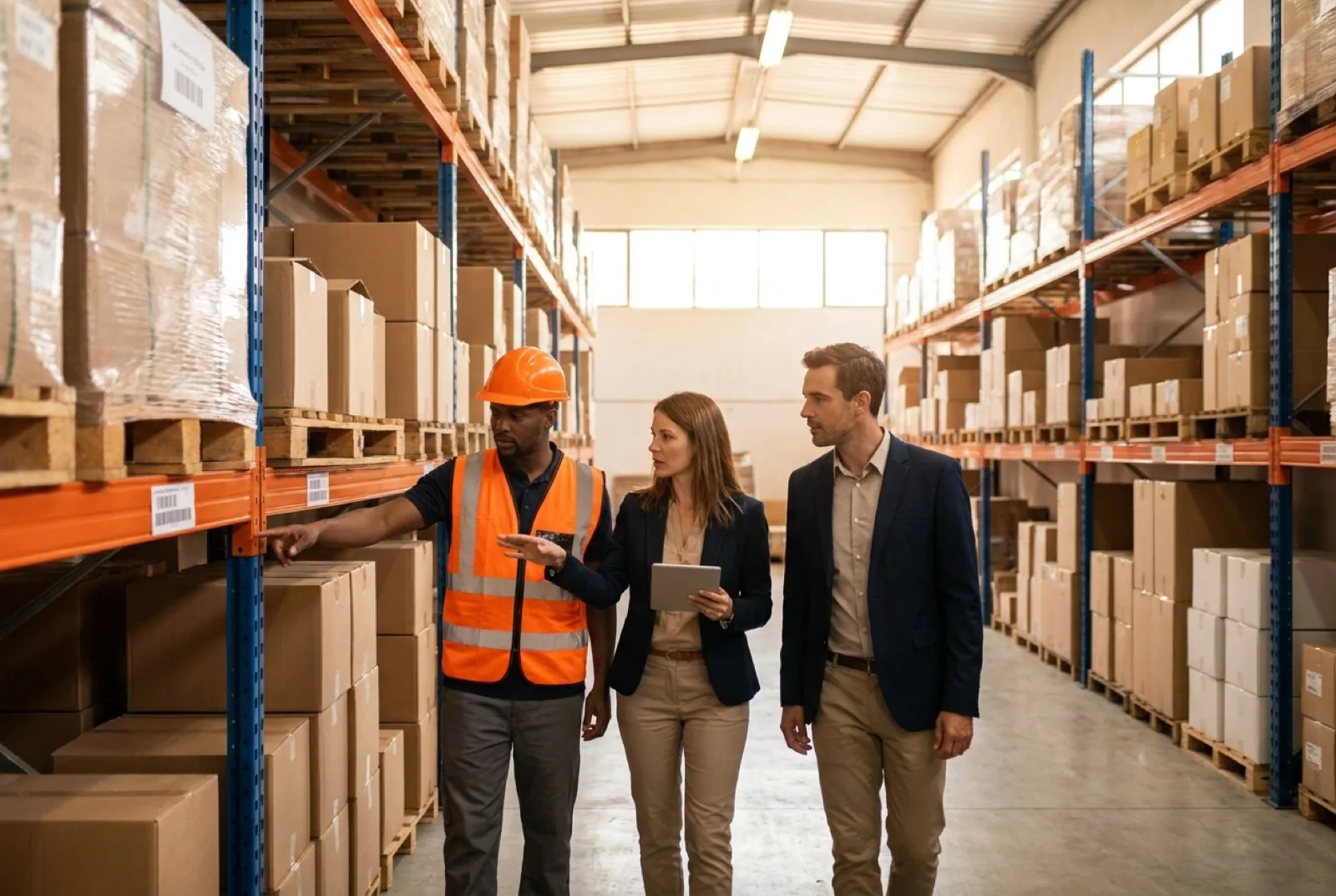Factory manager using a digital tablet to check barcodes