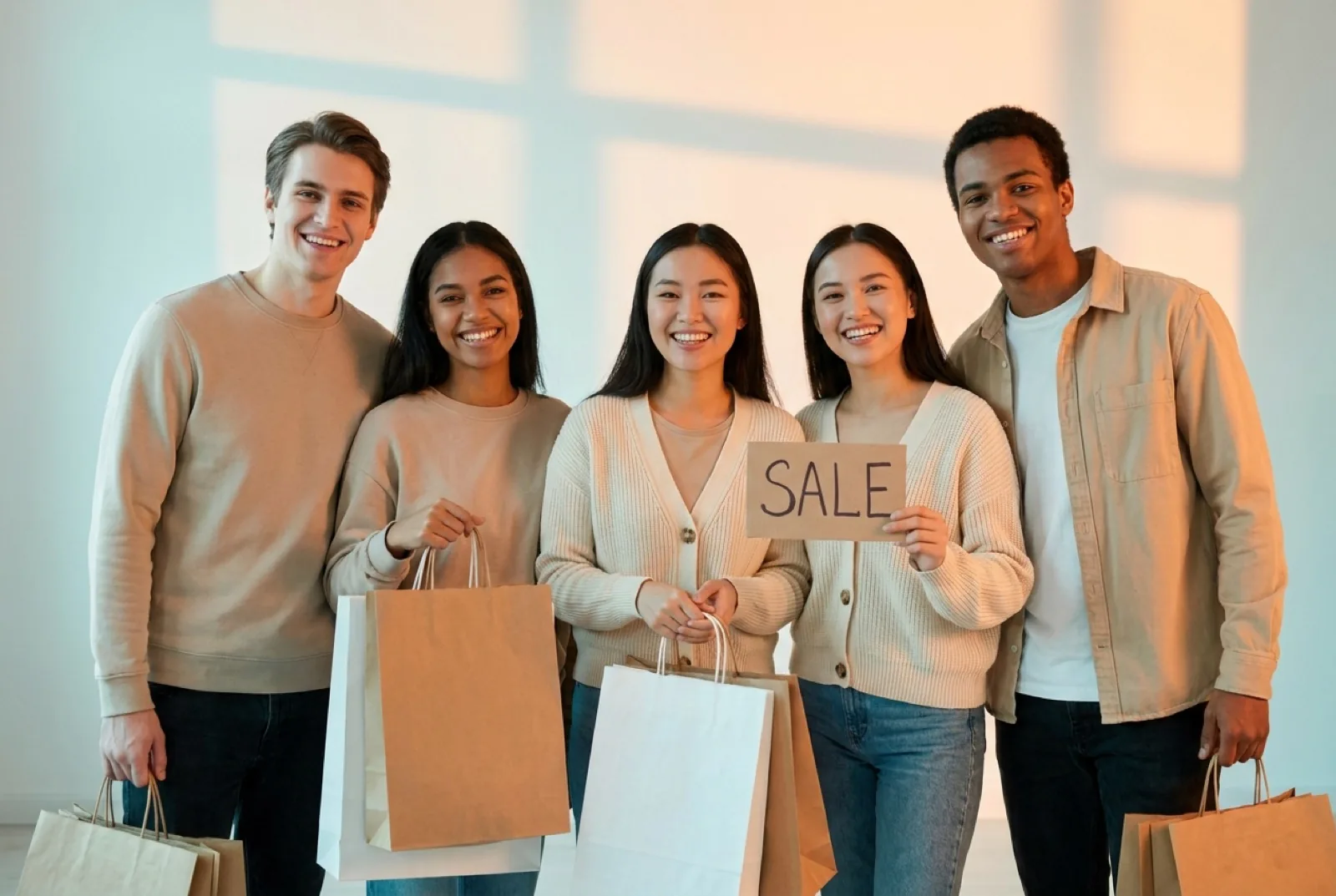 Group of young people in casual clothing holding shopping bags near a sale sign