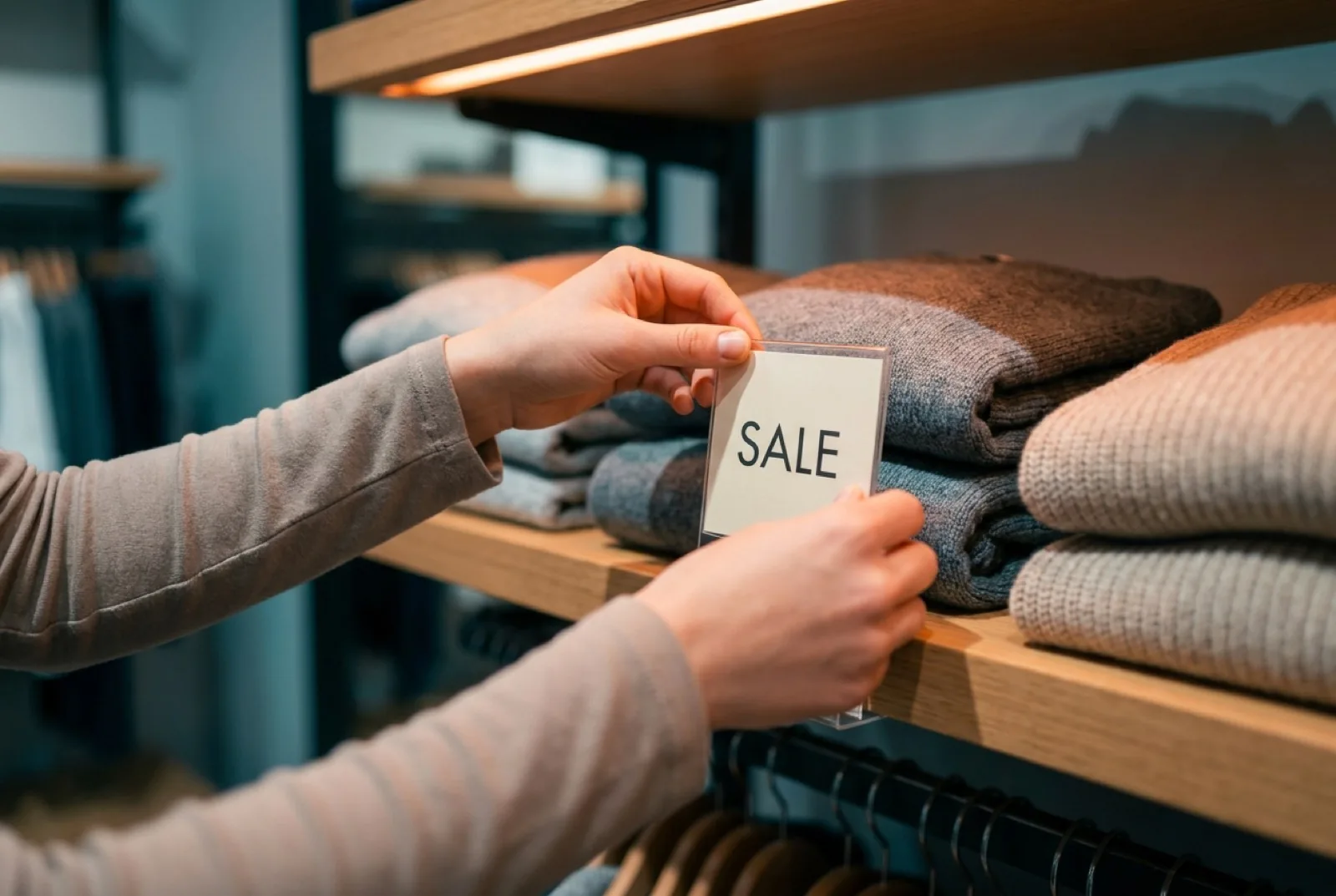 Shop assistant placing a sale card on a shelf