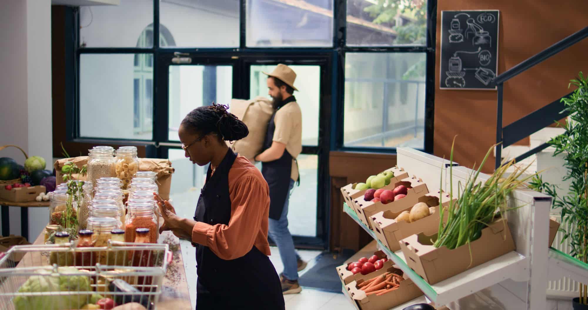 Local grocery store vendor arranging food on display
