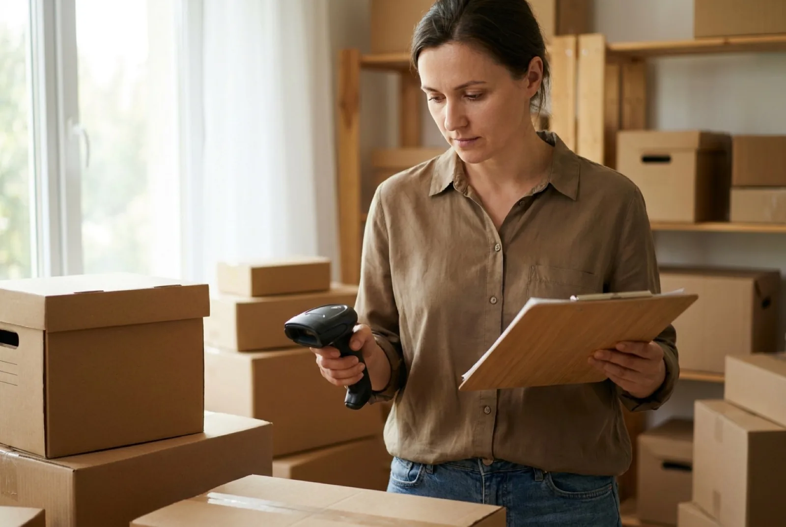 Small business owner checking off items for shipment while holding a barcode scanner