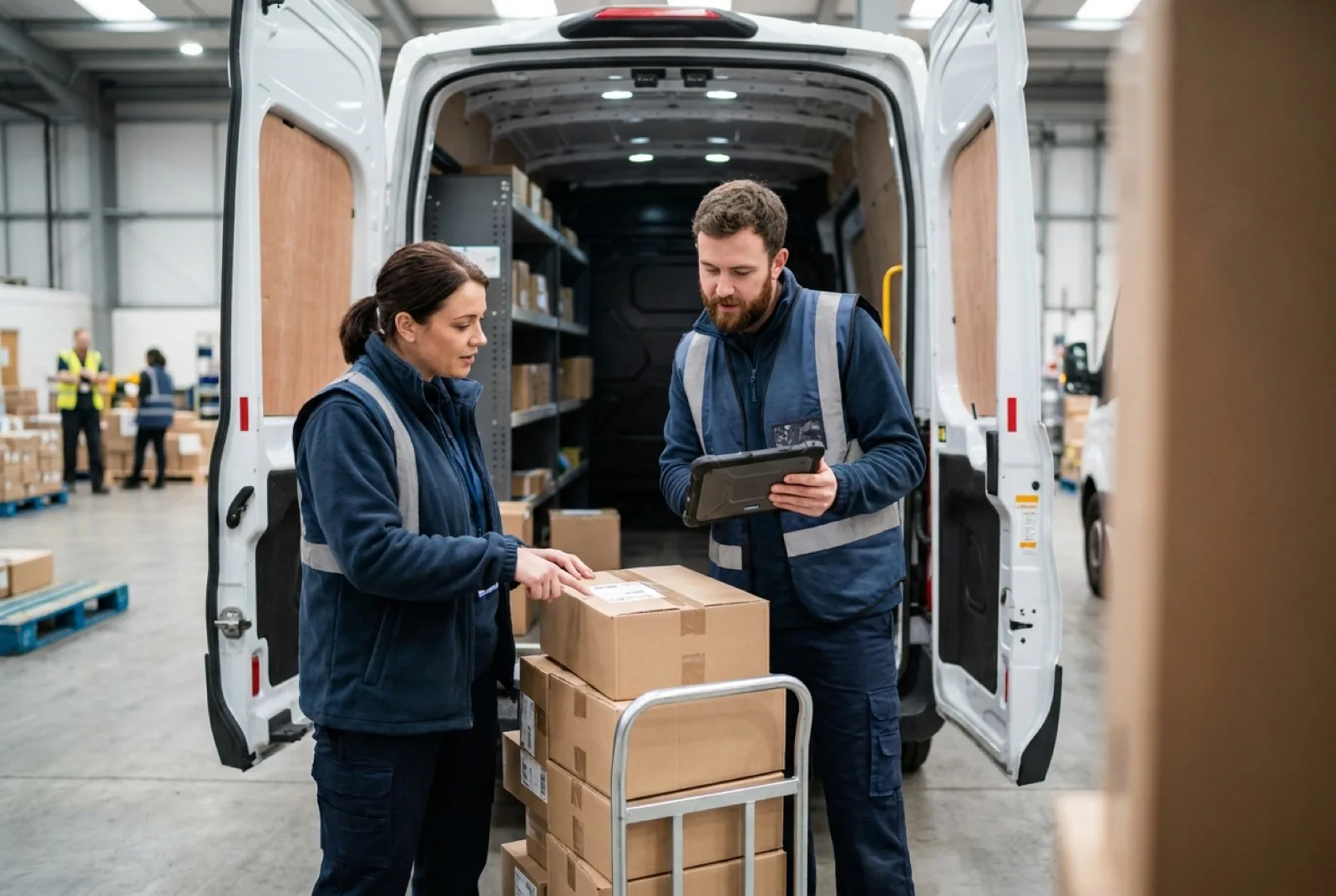 Two coworkers walking together in a warehouse