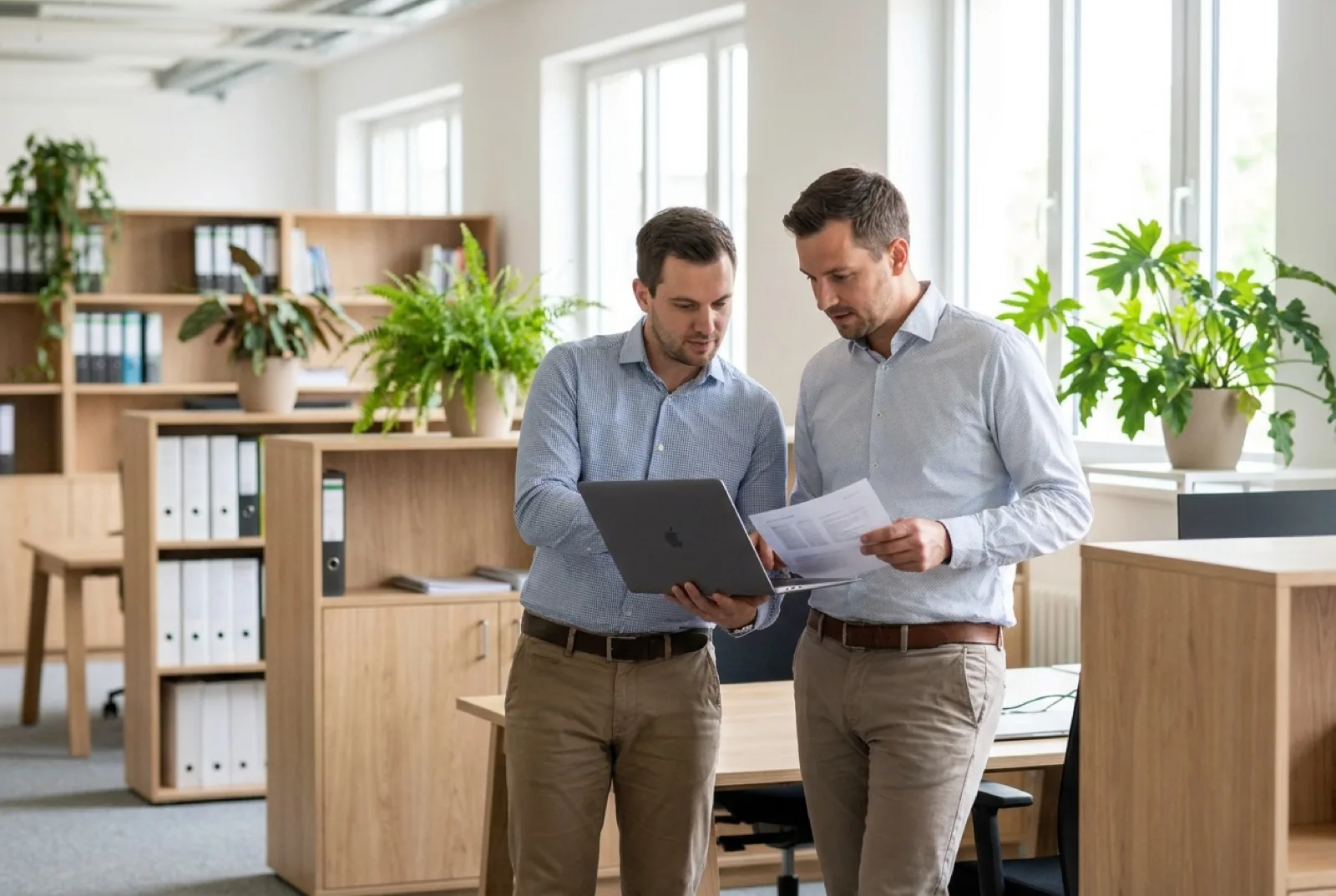 Two men consulting in an office while looking at papers
