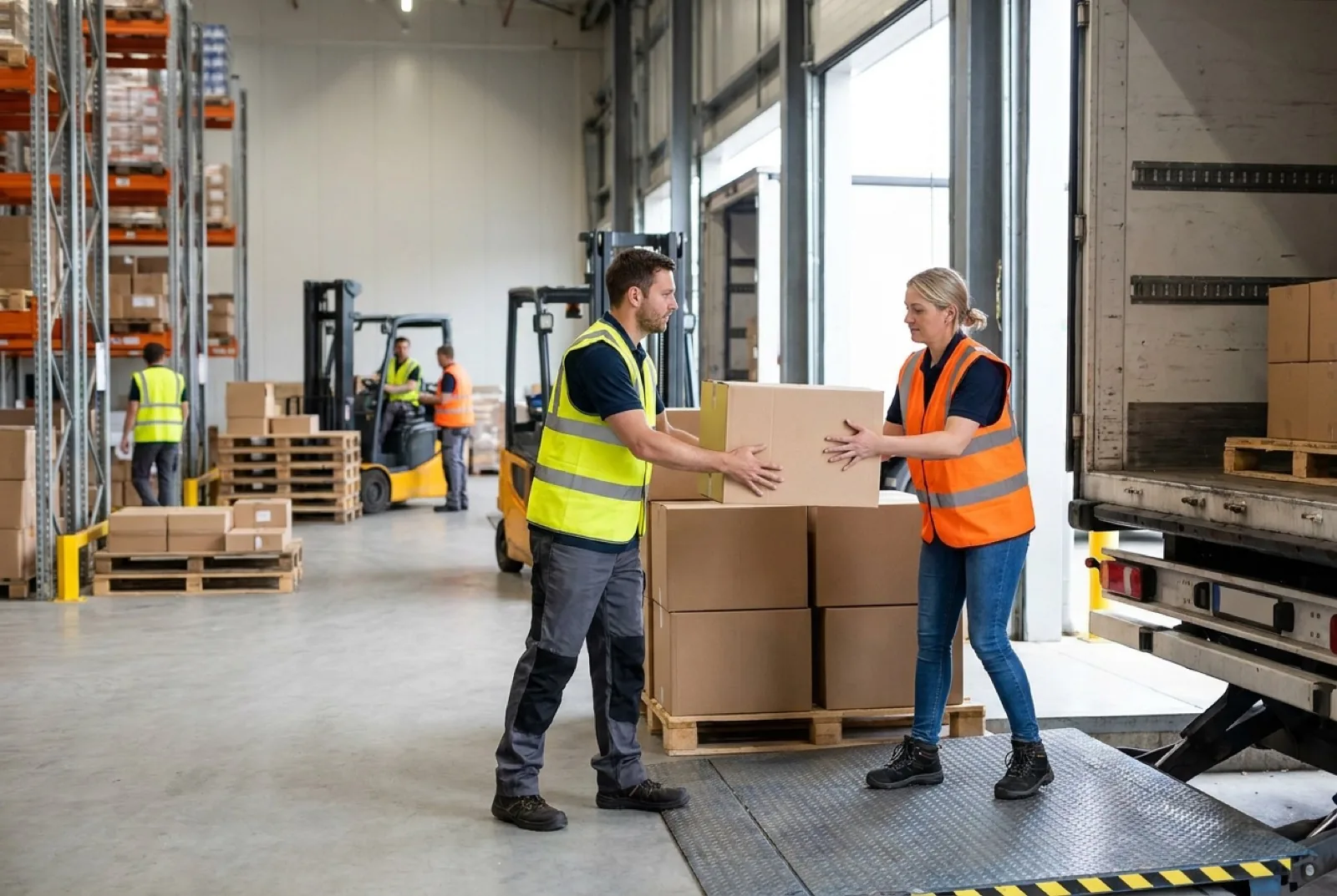 Warehouse workers working as a team to unload a truck