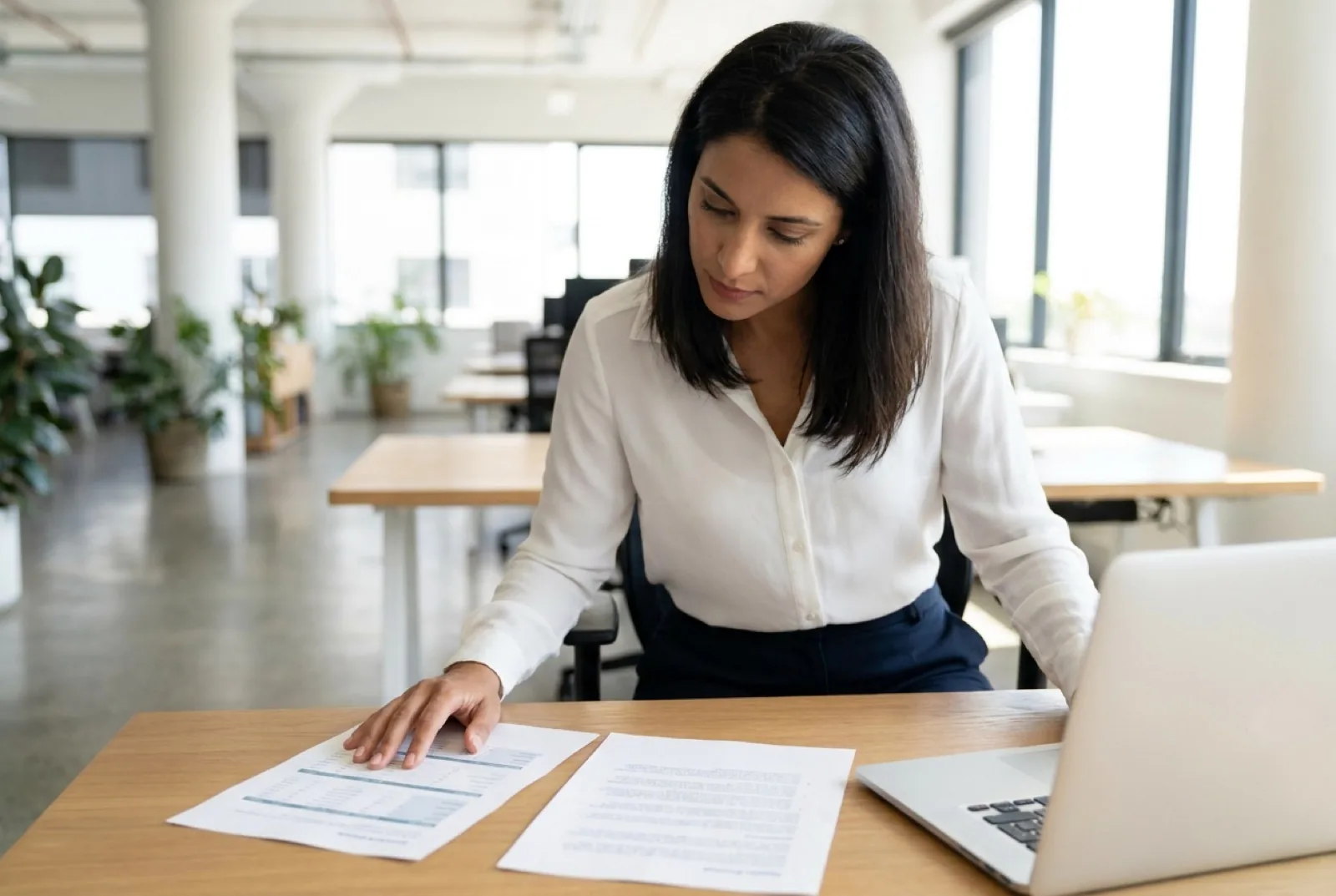 Woman comparing documents at a desk with a laptop