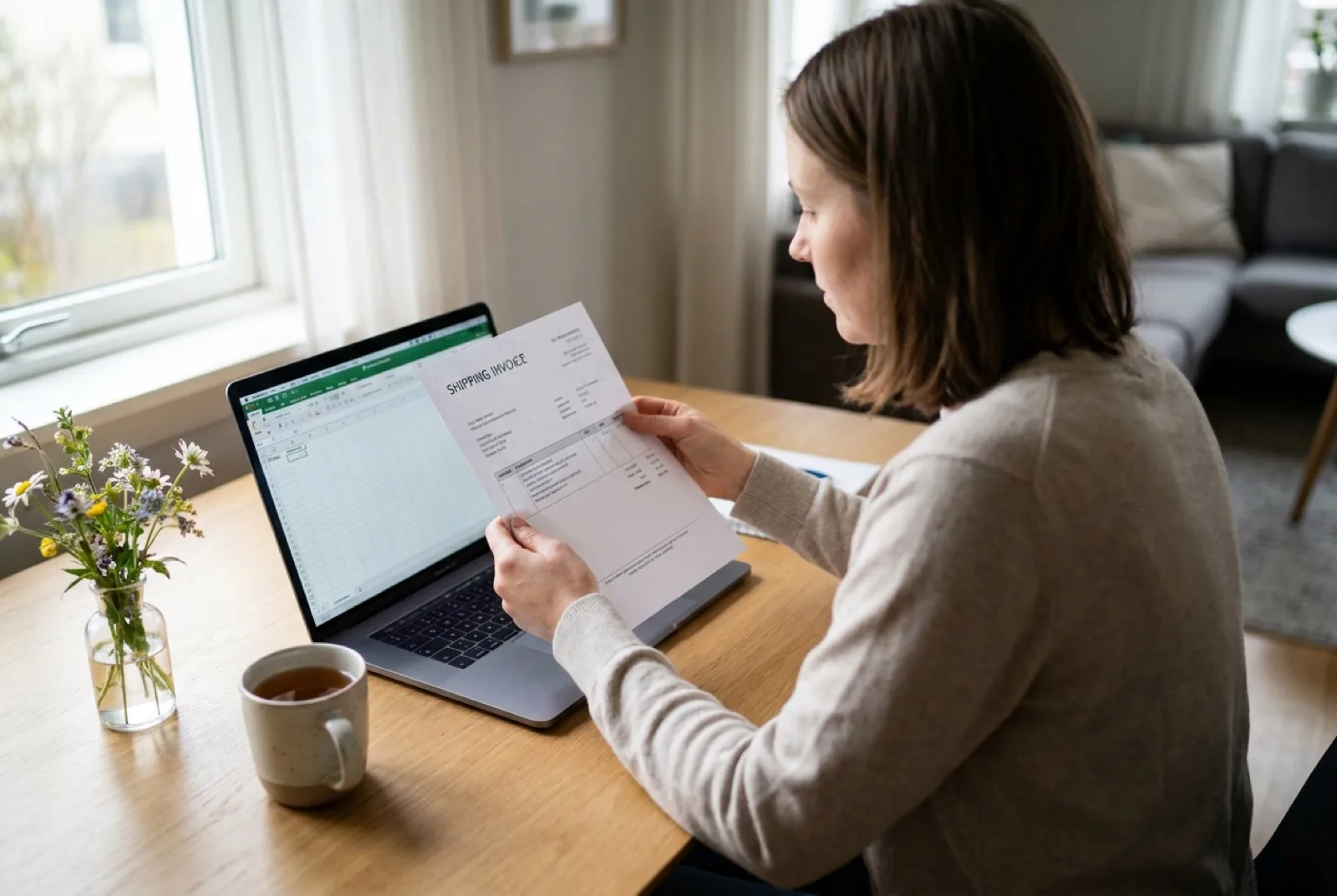 Woman at a computer looking at an invoice while shopping online