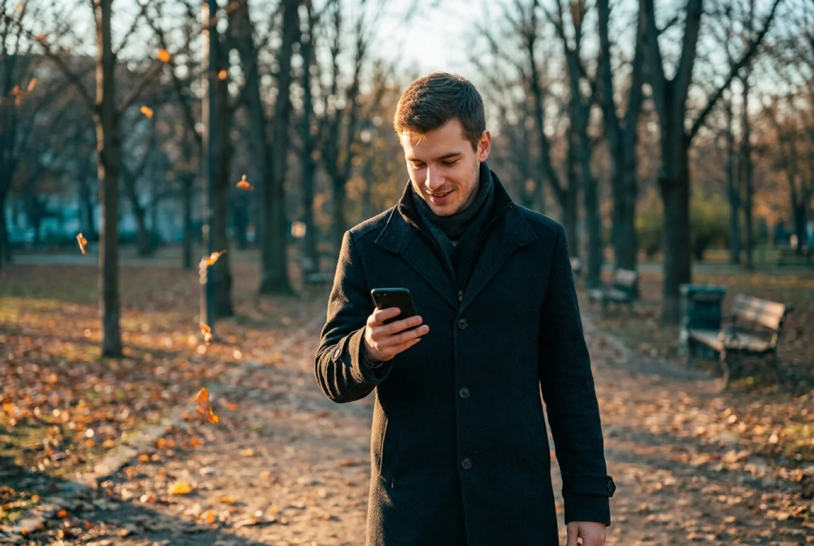 Young man wearing a coat using a mobile phone while walking