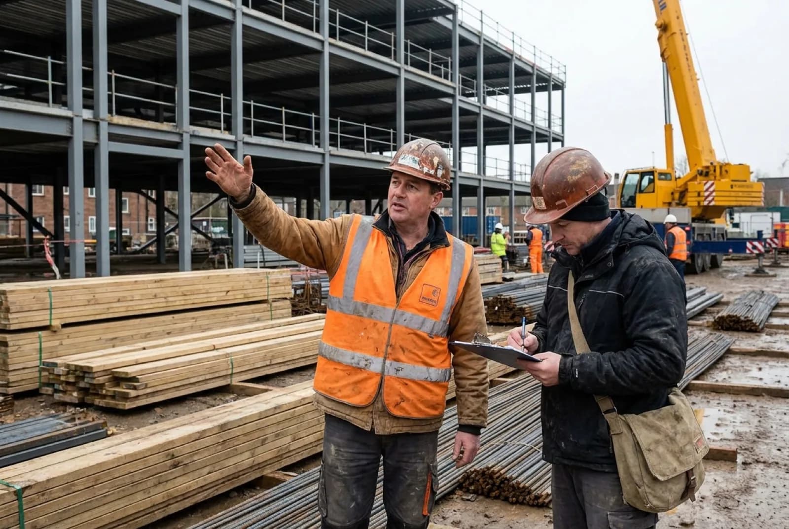Engineer and construction worker reviewing building plans at building site