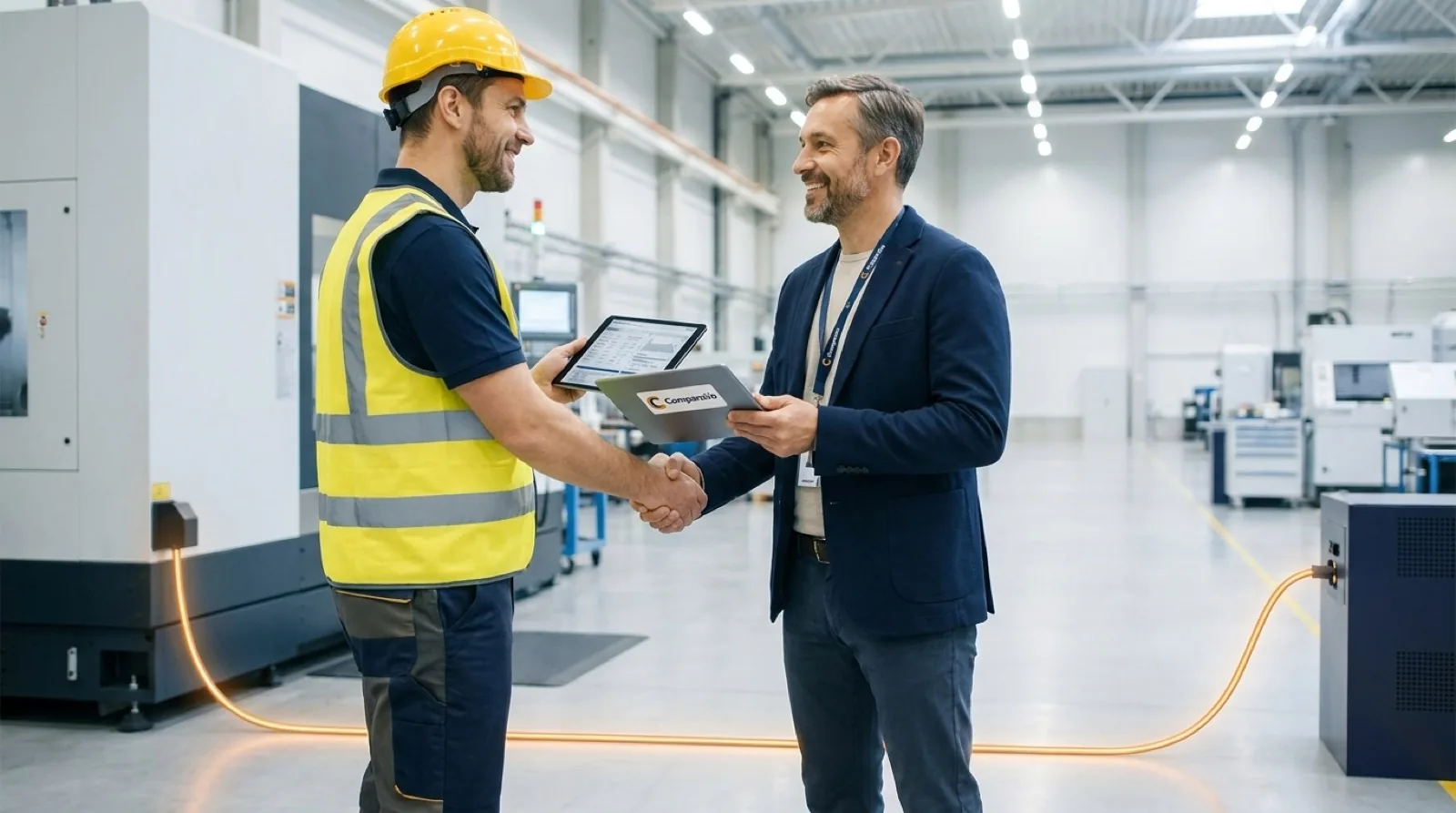 Three workers in a manufacturing facility reviewing production, one holding a laptop