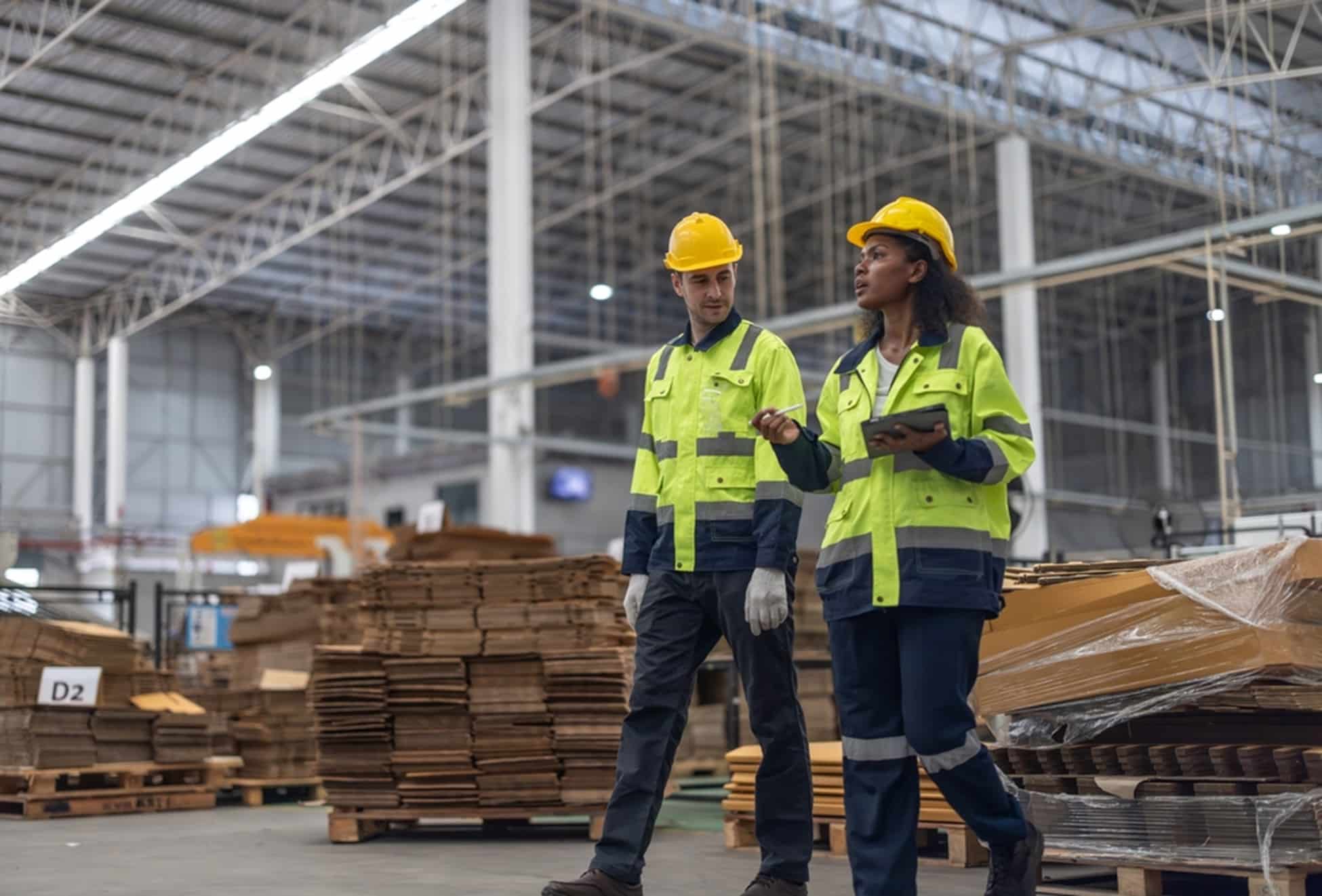 Two warehouse workers talking as they walk through the warehouse