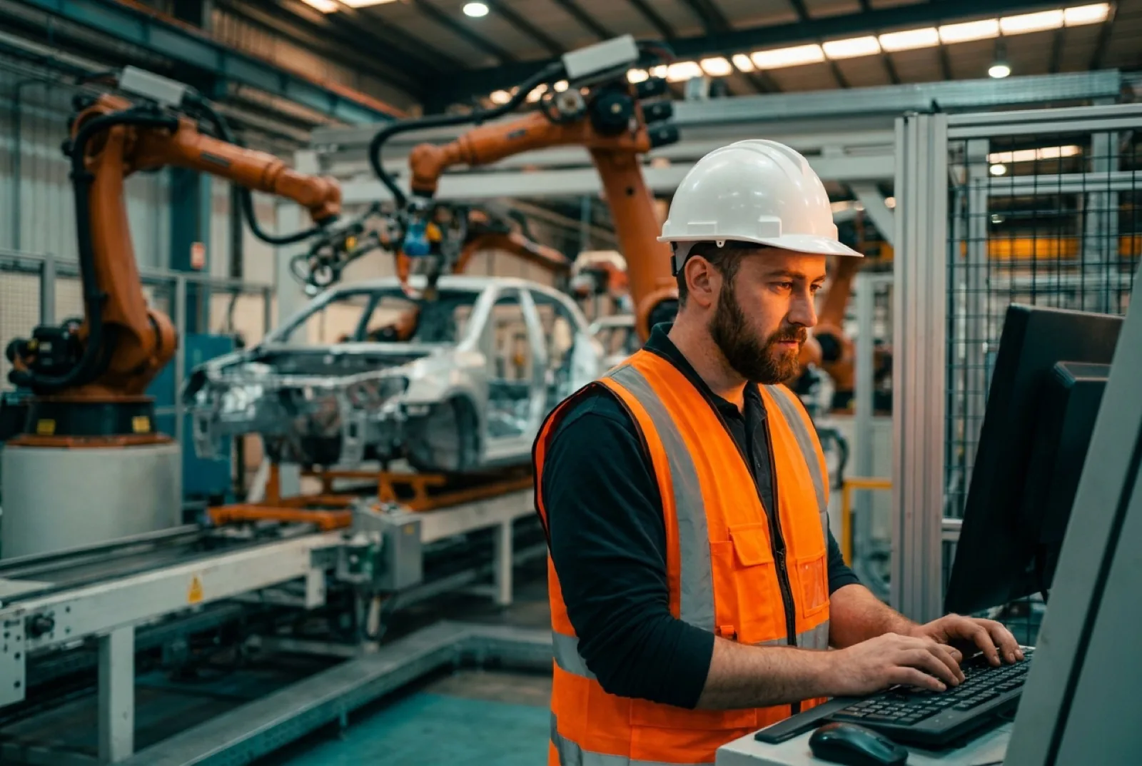 Woman working on a computer at an automotive manufacturing facility