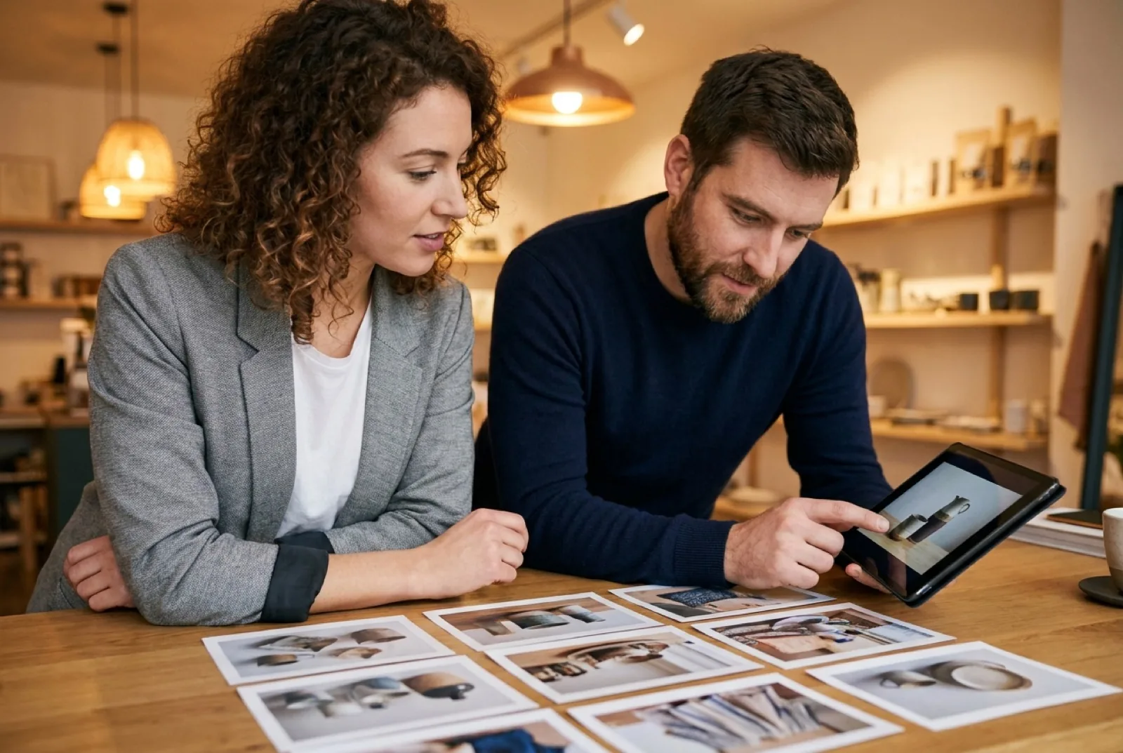 Female and male photographers reviewing photographs together